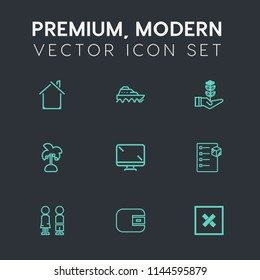 Modern, simple vector icon set on dark grey background with box, water, home, purse, boat, modern, tree, summer, construction, checklist, building, display, people, package, ocean, technology icons