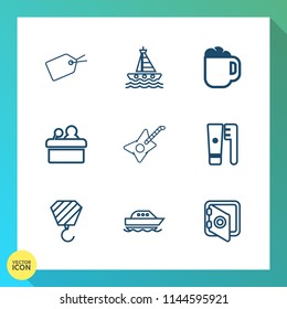 Modern, simple vector icon set on gradient background with building, ocean, cafe, clean, guitar, discount, speed, coffee, care, safe, public, cup, cruise, sale, tag, health, boat, safety, water icons