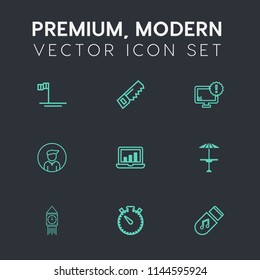 Modern, simple vector icon set on dark grey background with big, table, internet, pub, collection, building, light, baja, construction, hammer, desktop, ocean, drill, cortes, tower, blue, time icons