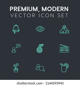 Modern, simple vector icon set on dark grey background with human, body, bell, ring, fire, chat, alert, glass, radio, nose, juice, danger, account, power, explosion, mouth, communication, web icons