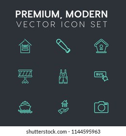 Modern, simple vector icon set on dark grey background with camera, trolley, customer, woman, baseball, technology, ocean, bird, buy, food, estate, sea, rent, cart, property, store, music, team icons