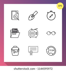 Modern, simple vector icon set on gradient background with video, east, optical, construction, zoom, television, equipment, compass, diploma, success, magnifying, blank, folder, technology, eye icons