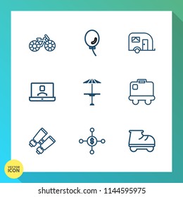 Modern, simple vector icon set on gradient background with ride, transportation, party, table, wheel, vehicle, celebration, communication, call, vision, business, investment, bike, cycle, fun icons