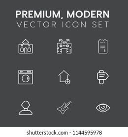 Modern, simple vector icon set on dark grey background with male, race, clean, direction, equipment, paper, body, music, eye, home, atv, internet, human, house, dirt, property, money, castle icons
