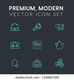 Modern, simple vector icon set on dark grey background with kettle, tool, female, clothing, tea, cap, tower, property, person, hat, drink, castle, equipment, kitchen, cool, diving, style, air icons