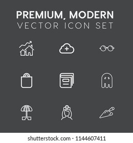 Modern, simple vector icon set on dark grey background with scary, real, nurse, cloud, umbrella, equipment, book, medical, glasses, optical, halloween, add, internet, upload, summer, doctor, eye icons