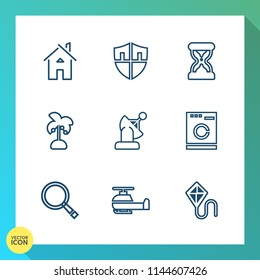 Modern, simple vector icon set on gradient background with home, timer, air, housework, helicopter, building, joy, washer, appliance, sand, guard, technology, laundry, transport, fun, safety icons