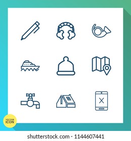 Modern, simple vector icon set on gradient background with pin, cancel, tap, roof, audio, boat, bugle, travel, headset, window, coaxial, note, map, water, pencil, trumpet, construction, hand icons