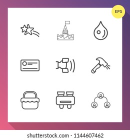 Modern, simple vector icon set on gradient background with building, technology, equipment, medieval, rain, search, finance, falling, shiny, vision, telephone, food, liquid, summer, abstract icons
