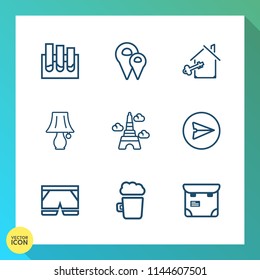 Modern, simple vector icon set on gradient background with france, house, paris, beer, location, map, road, internet, web, template, white, key, person, message, property, home, tube, drink, pin icons