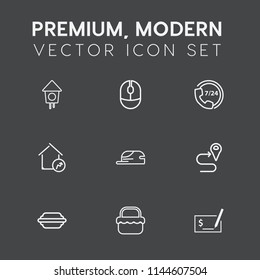 Modern, simple vector icon set on dark grey background with house, grass, hat, business, fashion, check, summer, route, bird, garden, support, service, navigation, home, optical, pay, map, click icons
