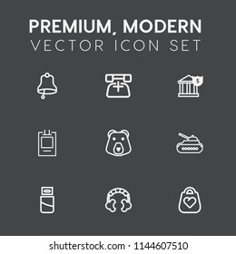 Modern, simple vector icon set on dark grey background with phone, war, call, sound, nature, finance, bank, bear, support, alarm, tank, grizzly, button, bell, ring, financial, music, receiver icons