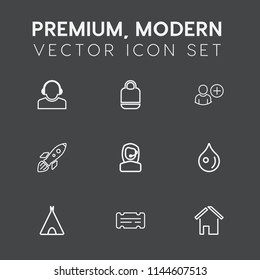 Modern, simple vector icon set on dark grey background with sign, support, building, background, communication, user, outdoor, liquid, help, accessory, launch, water, tent, abstract, rain, drop icons