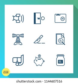 Modern, simple vector icon set on gradient background with communication, mobile, paper, investment, snorkel, exit, internet, summer, finance, station, sign, cell, blank, cellphone, radio, sea icons