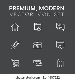 Modern, simple vector icon set on dark grey background with technology, shop, cart, house, sword, fear, construction, building, ghost, modern, trolley, architecture, danger, air, real, halloween icons