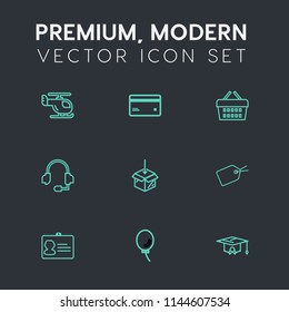 Modern, simple vector icon set on dark grey background with identification, chopper, document, name, technology, school, market, air, debit, money, plastic, buy, helicopter, flight, call, web icons