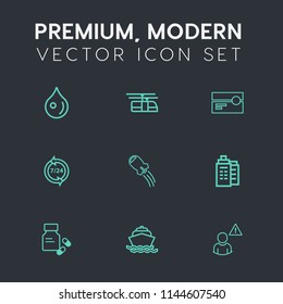 Modern, simple vector icon set on dark grey background with real, stereo, nature, sky, space, audio, blue, health, alarm, rain, train, wet, technology, cable, spaceship, droplet, profile, boat icons