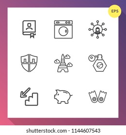 Modern, simple vector icon set on gradient background with landmark, laundry, perfume, bottle, bank, security, downstairs, down, washer, display, sport, housework, screen, upstairs, office, up icons