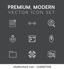 Modern, simple vector icon set on dark grey background with fitness, concept, aerial, real, house, office, delivery, paper, mortgage, physical, sea, van, gym, search, exercise, strength, agent icons