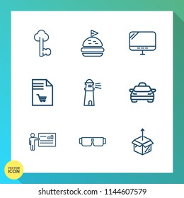 Modern, simple vector icon set on gradient background with house, lock, tomato, computer, light, businessman, supermarket, people, ocean, package, vehicle, bread, pc, lighthouse, notebook, sea icons