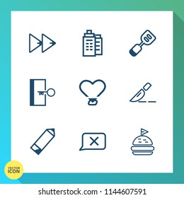 Modern, simple vector icon set on gradient background with clinic, building, estate, button, bread, kitchen, real, forward, office, audio, rewind, love, tool, sandwich, closed, operation, chat icons