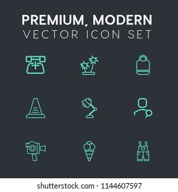 Modern, simple vector icon set on dark grey background with contact, phone, equipment, tree, nature, search, uniform, electricity, concept, web, telephone, interior, ladder, up, wear, handle icons