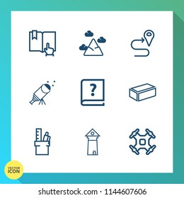 Modern, simple vector icon set on gradient background with stationery, astronomy, sky, drone, night, building, navigation, nature, peak, tower, famous, old, library, business, construction, open icons