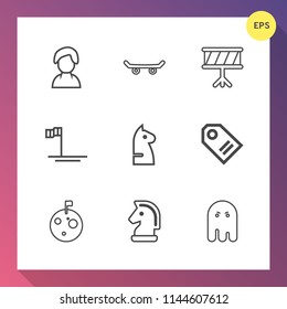 Modern, simple vector icon set on gradient background with price, skateboard, style, halloween, mexico, skater, flag, sale, tag, musical, instrument, space, woman, profile, extreme, ghost, moon icons