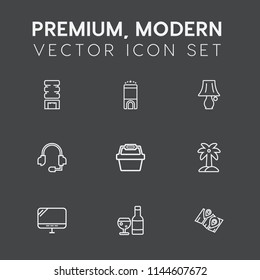 Modern, simple vector icon set on dark grey background with drink, palm, support, tropical, accommodation, road, travel, call, bed, room, ice, table, pin, red, cold, laptop, leaf, headset, bulb icons