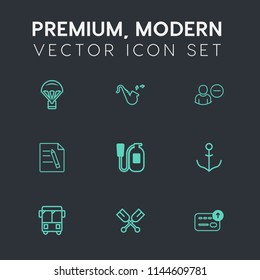 Modern, simple vector icon set on dark grey background with helm, skydiving, cash, paper, canoe, delete, user, air, sky, transportation, jump, ship, equipment, paddle, bugle, file, money, oar icons
