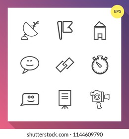 Modern, simple vector icon set on gradient background with video, speech, real, camera, link, graphic, businessman, nation, residential, home, national, timer, time, presentation, internet, film icons