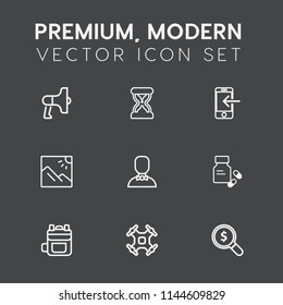 Modern, simple vector icon set on dark grey background with audio, medical, bag, rucksack, internet, landscape, health, speaker, photography, sand, announce, control, hour, male, phone, concept icons