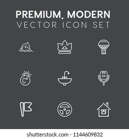 Modern, simple vector icon set on dark grey background with luxury, thermometer, bathroom, home, karaoke, temperature, national, house, voice, sink, crown, ocean, parachuting, faucet, medicine icons