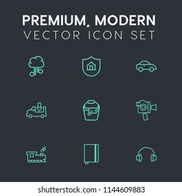 Modern, simple vector icon set on dark grey background with handle, shipping, film, paper, protect, computer, business, camera, home, protection, network, bucket, audio, travel, estate, page icons