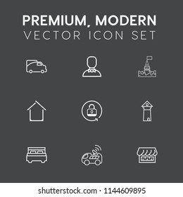 Modern, simple vector icon set on dark grey background with old, estate, satellite, truck, double, house, famous, open, shop, building, white, transportation, road, internet, curtain, man, home icons