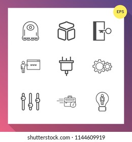 Modern, simple vector icon set on gradient background with internet, fire, power, arrow, safety, concept, computer, late, funny, door, element, character, idea, electric, creature, go, alien icons