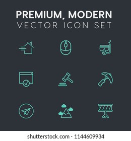 Modern, simple vector icon set on dark grey background with sound, construction, drum, mountain, click, law, estate, equipment, picking, communication, industry, house, mortgage, technology, sky icons