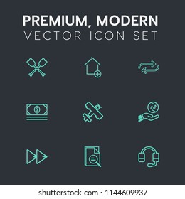 Modern, simple vector icon set on dark grey background with oar, home, replace, music, apartment, sea, canoe, money, travel, coin, rewind, plane, tool, technology, microphone, bank, audio, new icons