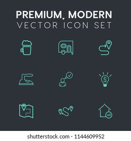 Modern, simple vector icon set on dark grey background with price, transportation, gps, glass, delivery, property, pint, point, foam, position, profile, real, iron, housework, house, pin, cargo icons
