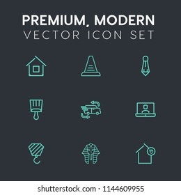 Modern, simple vector icon set on dark grey background with car, up, step, staircase, person, technology, male, tie, video, internet, call, property, business, paintbrush, grunge, concept, suit icons