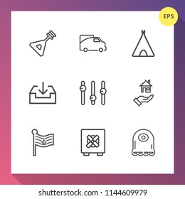 Modern, simple vector icon set on gradient background with outdoor, bank, house, alien, instrument, road, melody, nation, equality, music, folk, character, safety, truck, string, flag, security icons