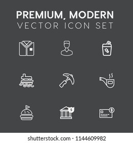 Modern, simple vector icon set on dark grey background with fashion, sandwich, template, summer, credit, shirt, tobacco, bank, glass, industry, finance, white, banking, bread, cotton, short, sea icons