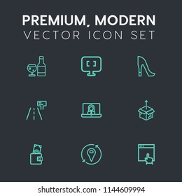 Modern, simple vector icon set on dark grey background with red, unpacking, video, click, location, website, sign, laptop, computer, wine, internet, wallet, communication, call, woman, fashion icons