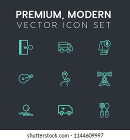 Modern, simple vector icon set on dark grey background with electricity, kitchen, landscape, communication, morning, move, route, fire, door, medical, sign, arrow, ambulance, interior, spoon icons