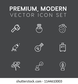 Modern, simple vector icon set on dark grey background with complete, rocket, online, idea, equipment, repair, star, lab, internet, telescope, luggage, profile, musical, work, suitcase, science icons