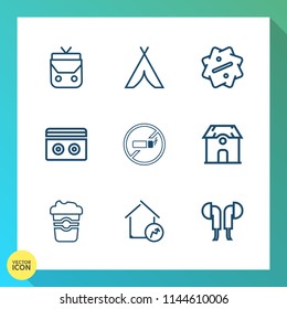 Modern, simple vector icon set on gradient background with object, increase, fashion, nature, style, no, sound, camp, background, tent, landscape, sale, property, coffee, stereo, tape, outdoor icons