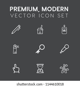 Modern, simple vector icon set on dark grey background with security, timer, school, television, mic, education, pen, pencil, light, click, remote, france, hour, sea, sand, control, tower, paris icons