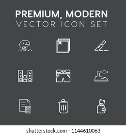 Modern, simple vector icon set on dark grey background with seafood, operation, wallet, animal, business, clothes, sound, trash, sea, template, fish, financial, music, file, web, fishing, bin icons