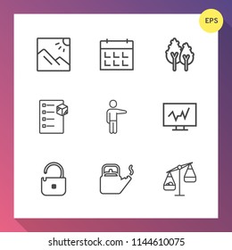 Modern, simple vector icon set on gradient background with day, security, checklist, business, forest, time, photo, summer, scale, box, balance, background, water, weight, calendar, nature, tree icons