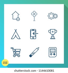 Modern, simple vector icon set on gradient background with travel, ventilator, competition, box, championship, office, winner, mobile, cool, electric, new, camp, propeller, stationery, house icons